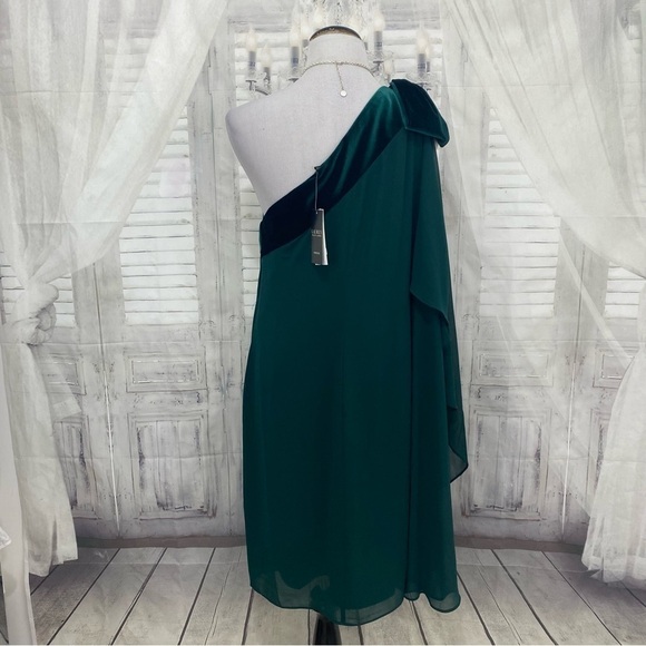 NEW Lauren Ralph Lauren Solid Green Chiffon Velvet One Shoulder Cocktail Dress - Picture 10 of 12
